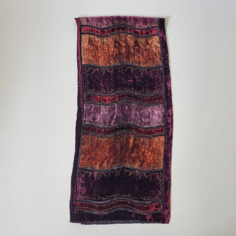Stitched Velvet Burnout Rectangle Scarf Earthy Jewel Tone‎ Artsy Goth Witchy